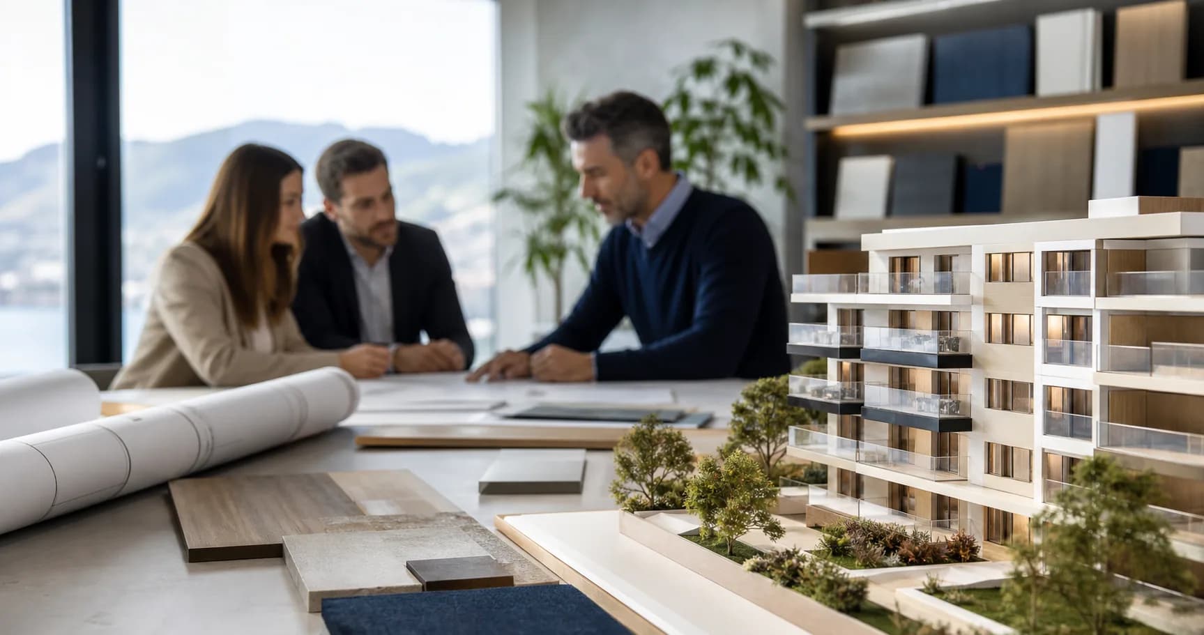 Maqueta de una promoción residencial durante una reunión de compra sobre plano