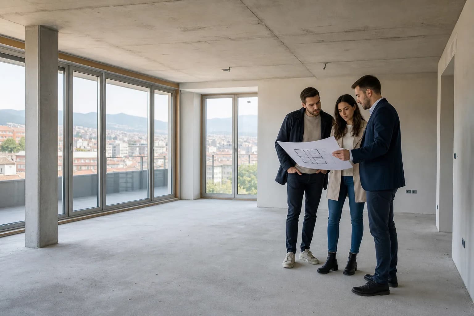 Pareja revisando el plano de una vivienda de obra nueva con un asesor