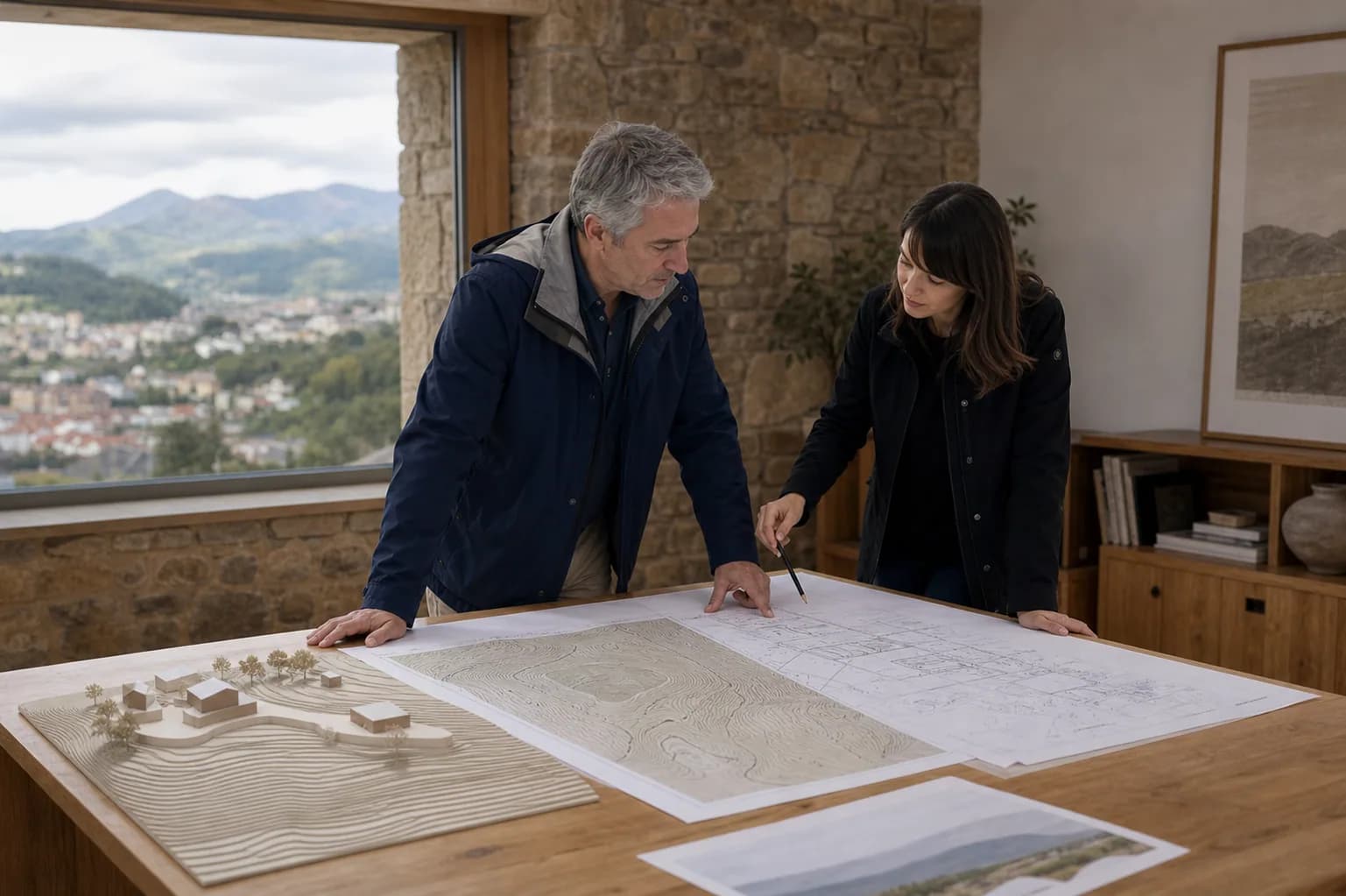 Propietario y arquitecta revisando la topografía y el anteproyecto de un terreno