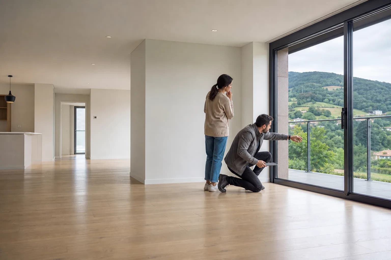 Compradora y técnico revisando una ventana antes de la entrega de obra nueva