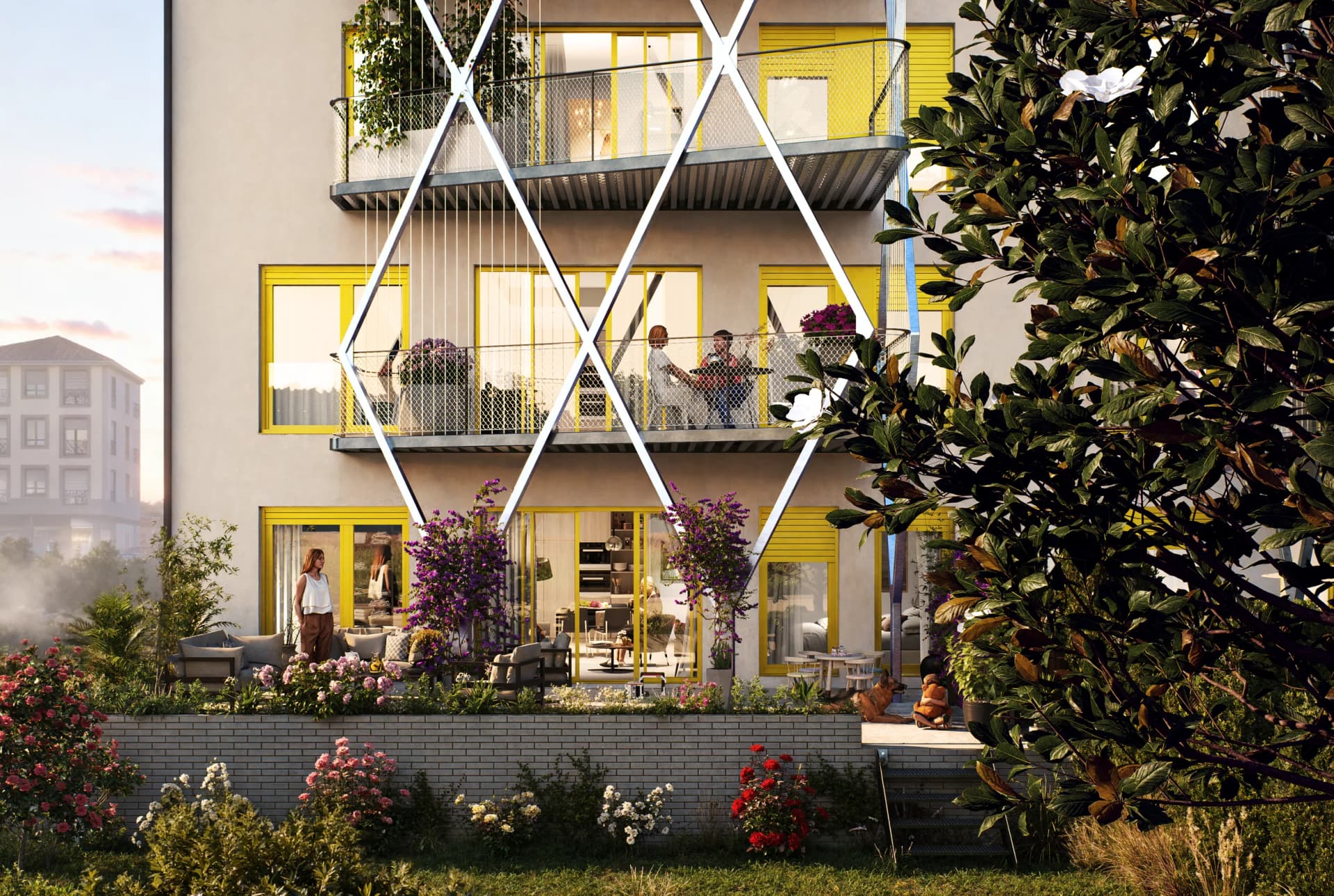 Fachada de El Vivero abierta al jardín comunitario