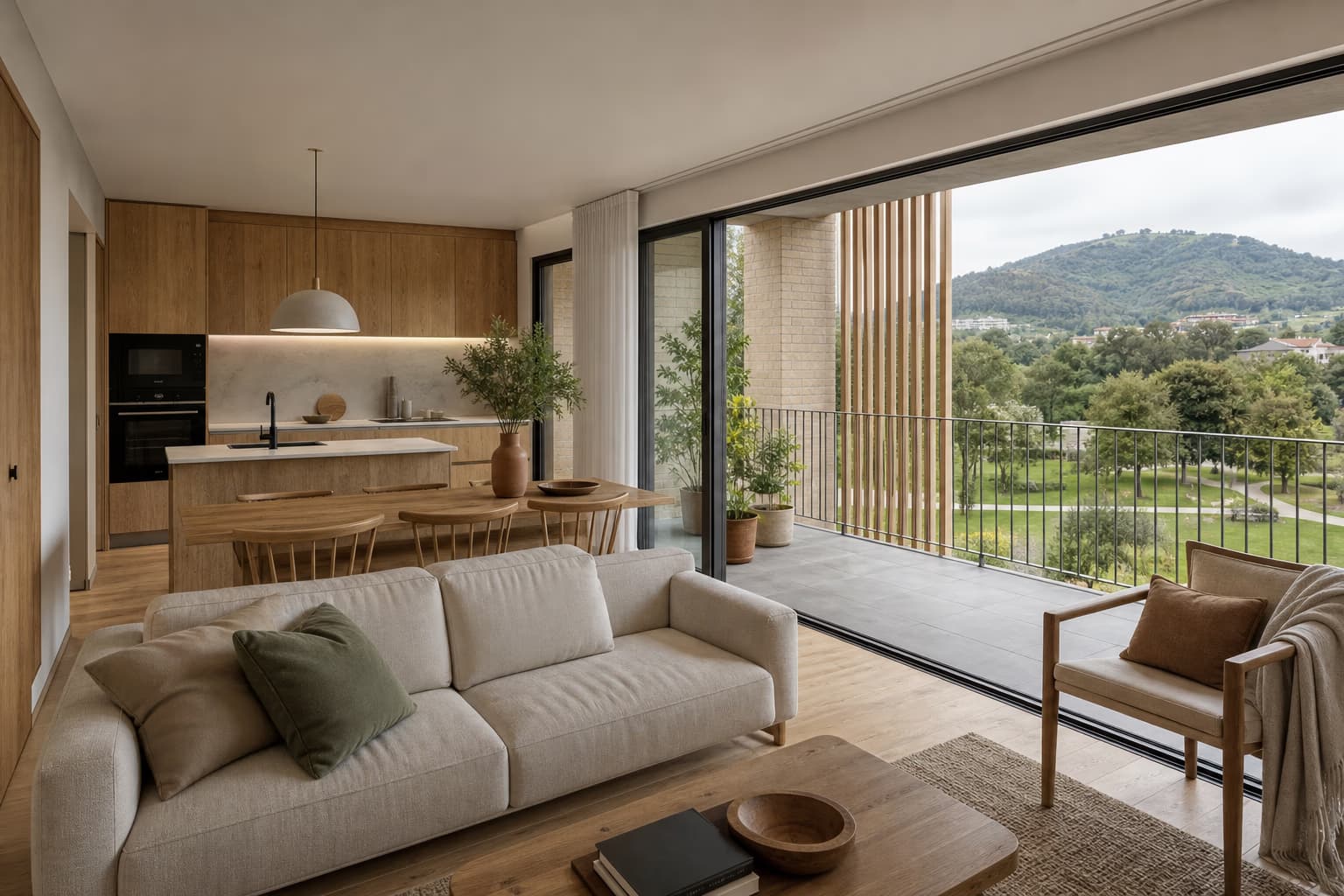Salón familiar con terraza y vistas verdes en La Fresneda