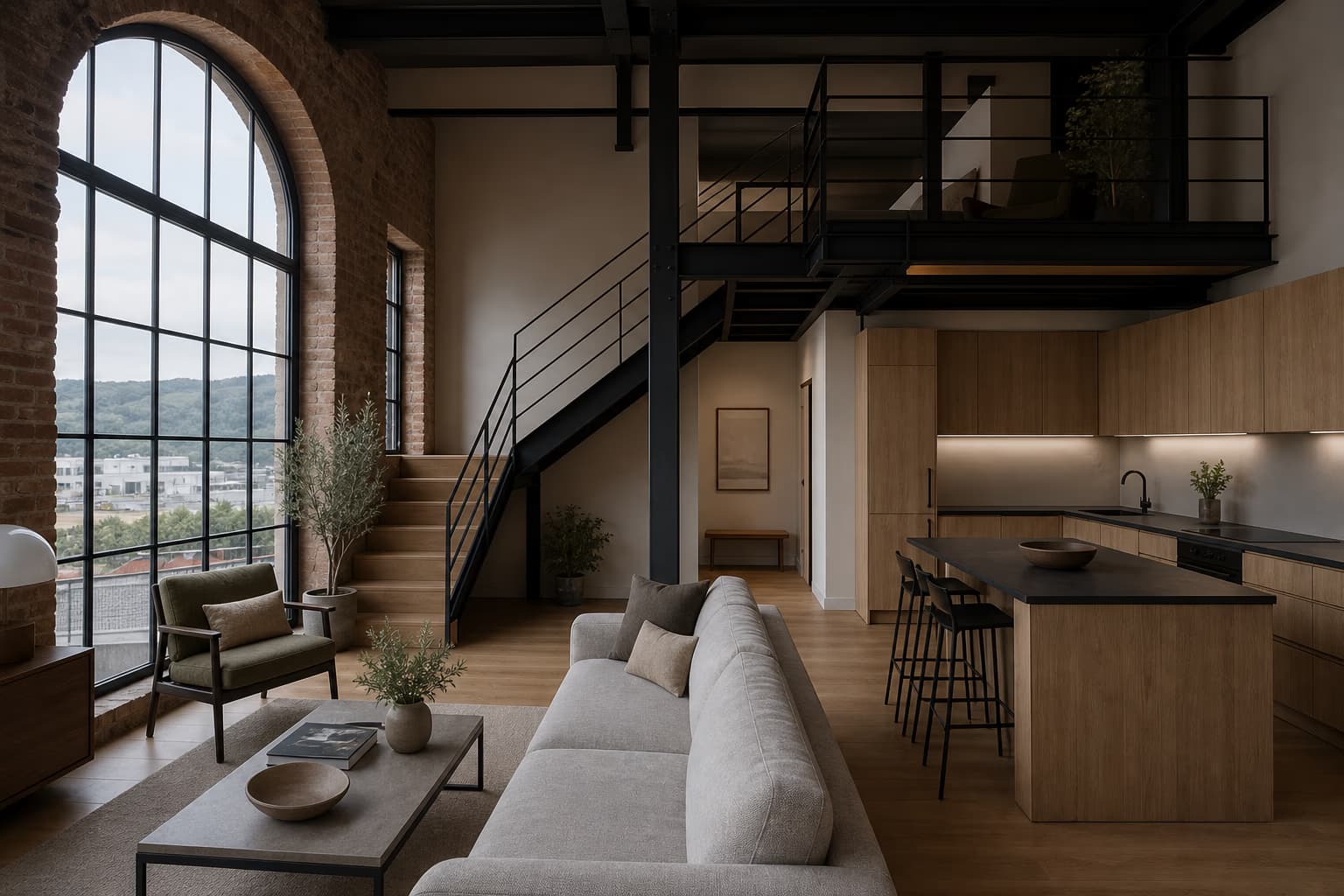 Interior de una vivienda con ventanal industrial y estructura de acero