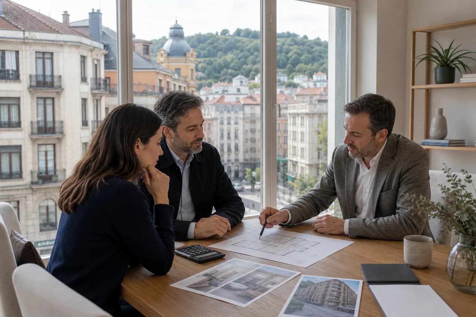 Inversores y asesor analizando plano, inmueble y rentabilidad en Oviedo