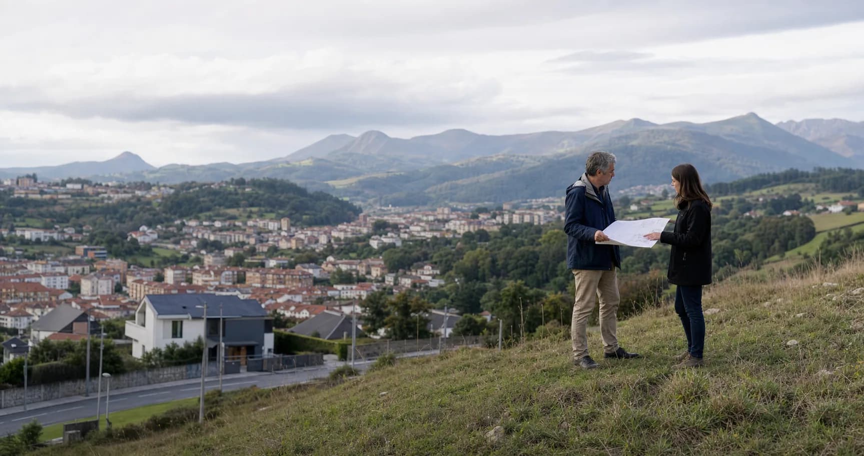 Propietario y arquitecta estudiando un terreno edificable en Asturias