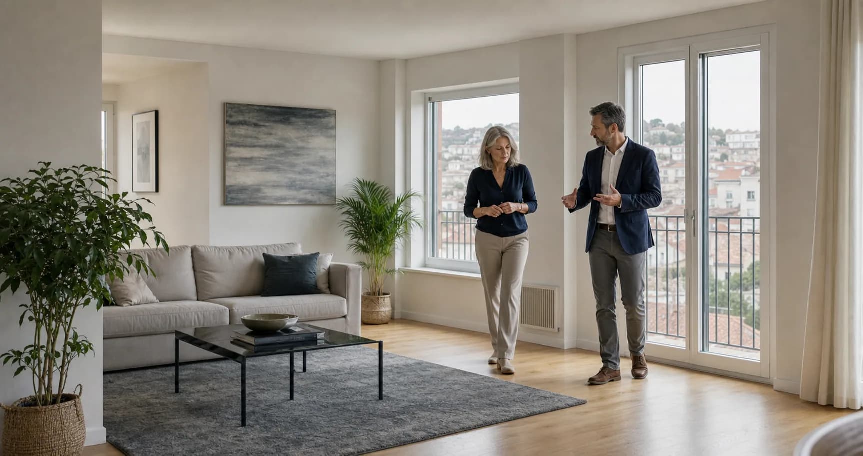 Propietaria y asesor recorriendo la vivienda antes de preparar su venta