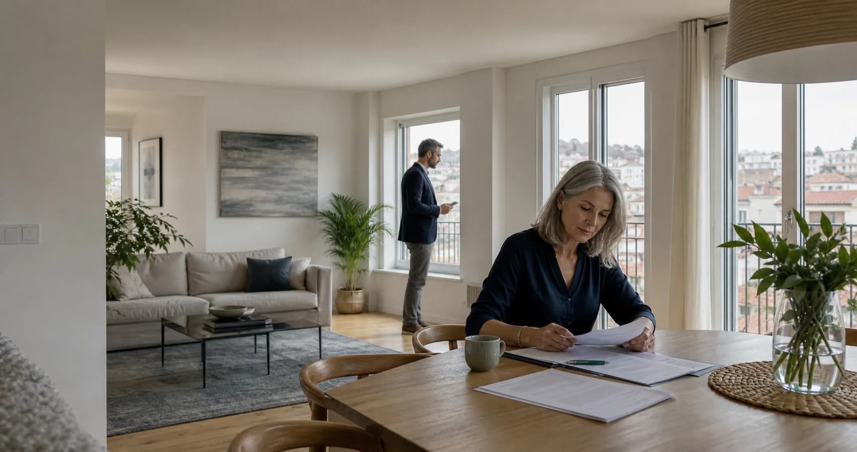 Propietaria revisando la documentación de su vivienda antes de venderla