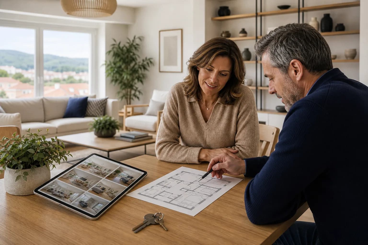 Propietaria y asesor revisando el plano y la presentación comercial de su vivienda