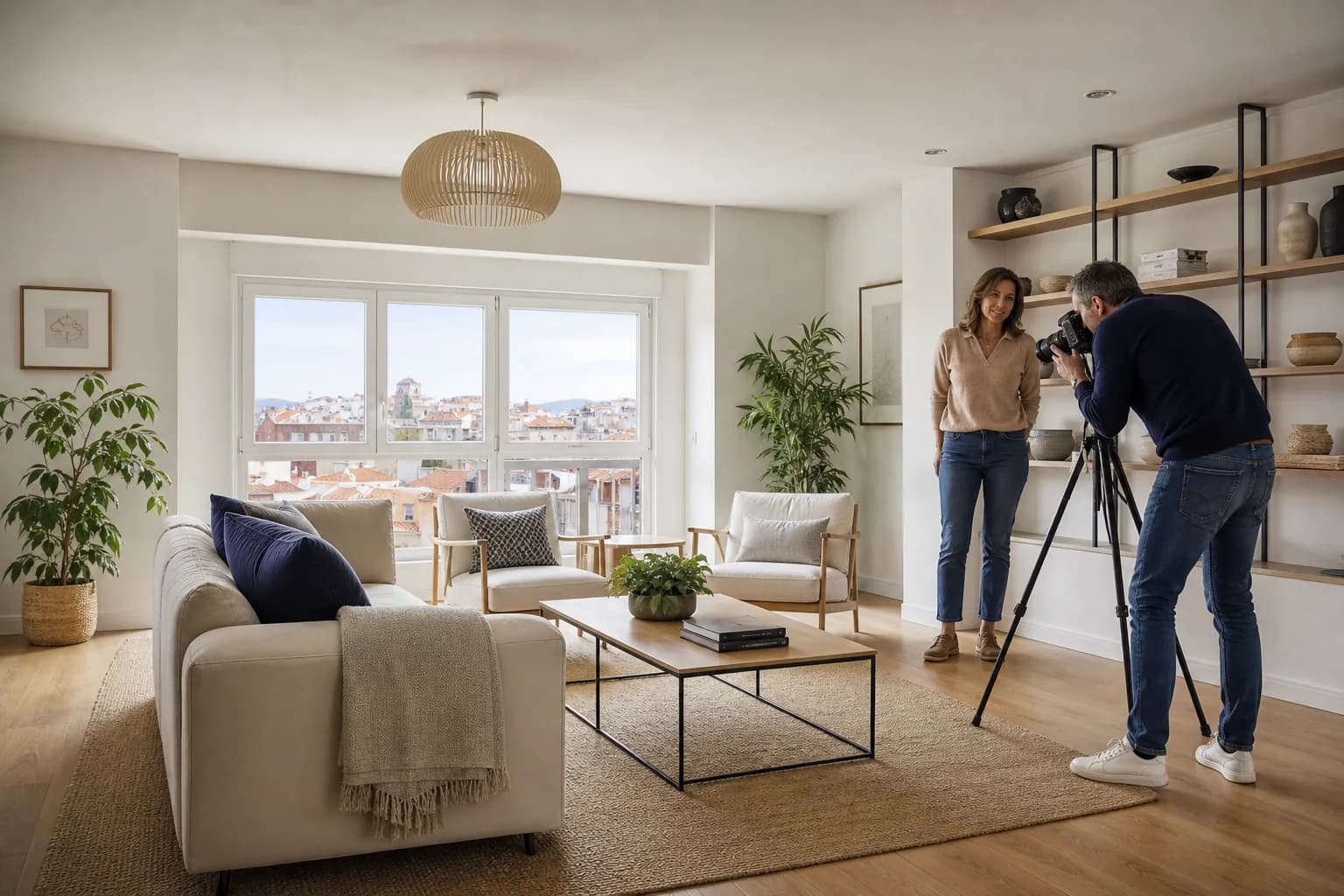 Propietaria y fotógrafo preparando una vivienda para venderla al mejor precio