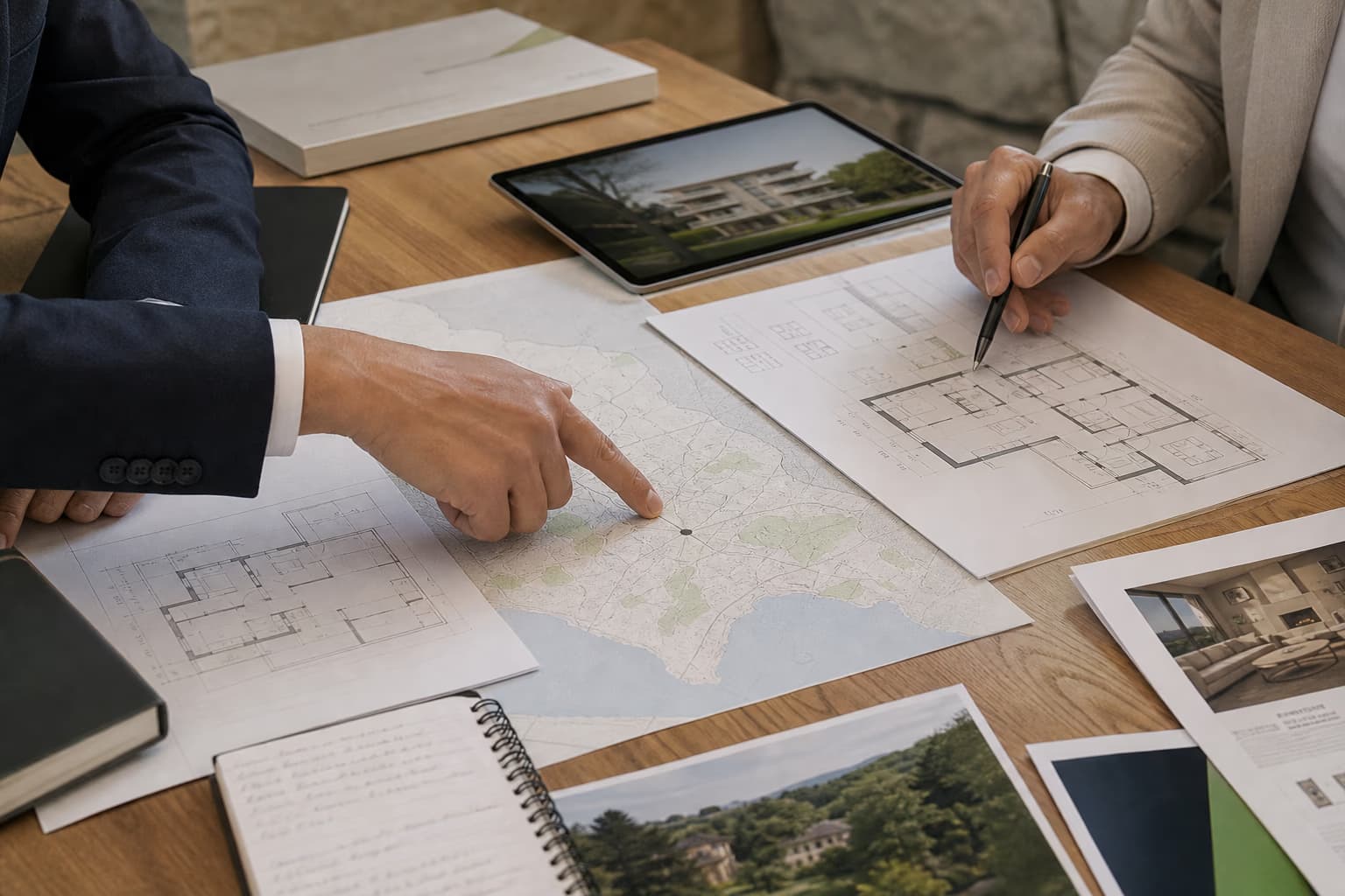 Profesionales definiendo la estrategia de un activo sobre planos y un mapa de Asturias