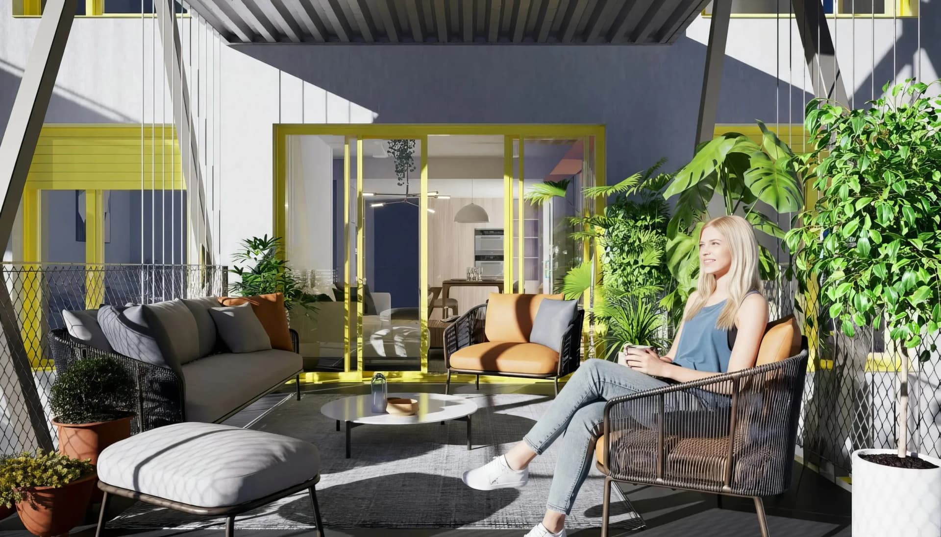 Terraza ajardinada con estructura metálica ligera