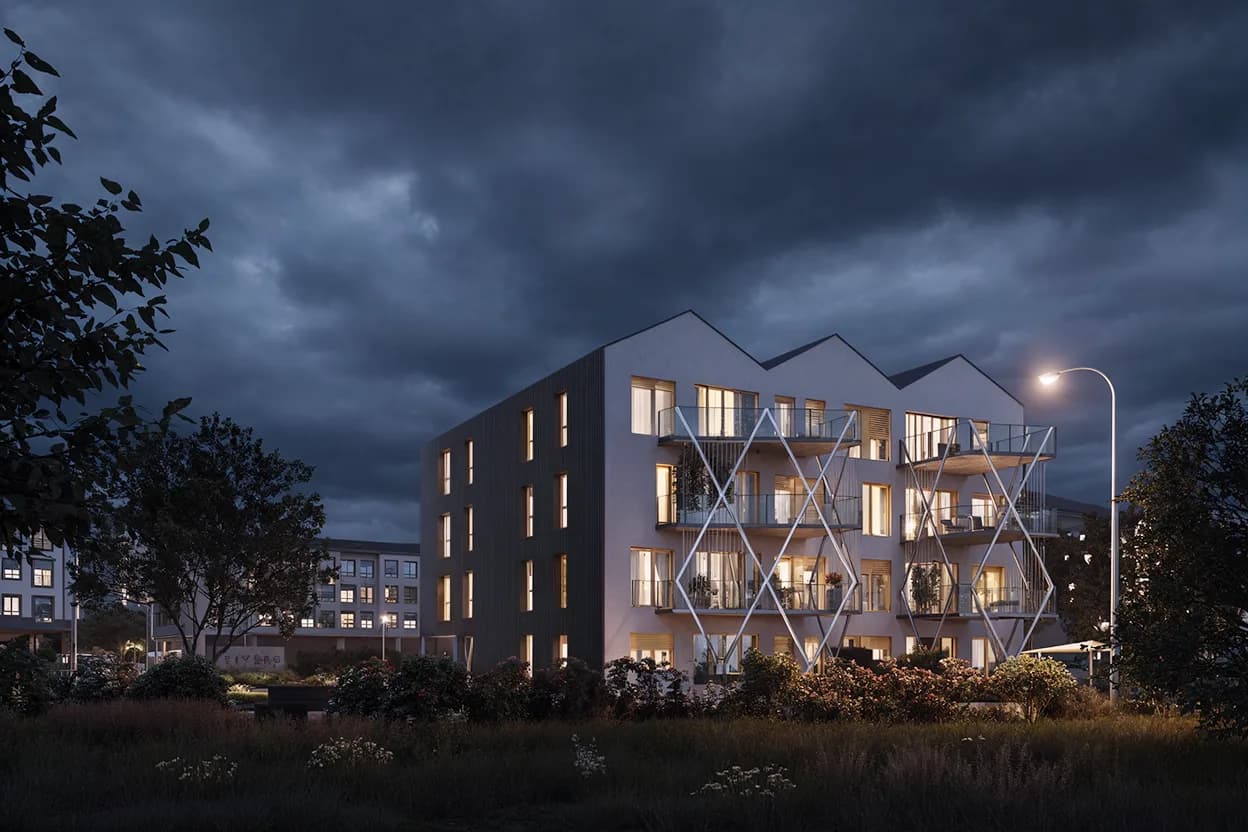 Arquitectura contemporánea de El Vivero iluminada
